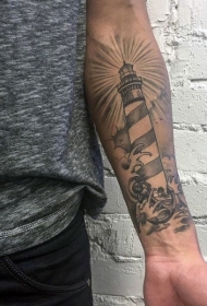 小臂new school黑白灯塔与波浪纹身图案