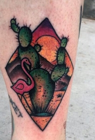 腿部新学校风格色的火烈鸟与仙人掌纹身