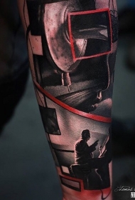 手臂写实彩绘音乐家与乐器纹身图案