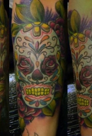 手臂彩色糖骷髅纹身图案