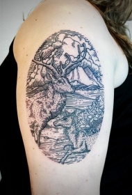 old school大臂黑色线条野生动物鹿纹身图案