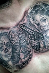 小臂墨西哥传统风格黑色女性肖像和手枪纹身图案
