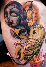 腿部全新学校风格彩色血腥怪物女子纹身