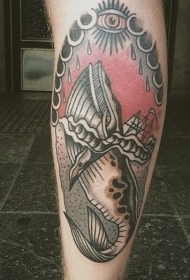 小腿old school鲨鱼和帆船眼睛纹身图案