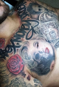 胸部骷髅玛丽莲梦露肖像与美元和字母纹身图案
