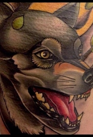 腿部新风格的彩色狼头纹身图片