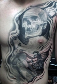 胸部神秘的骨架与沙时钟纹身图案