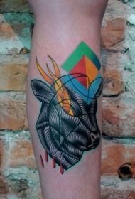 小腿超现实主义风格彩色几何与大黑牛纹身图案