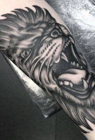 手臂黑灰现代传统的吼叫狮子纹身图案