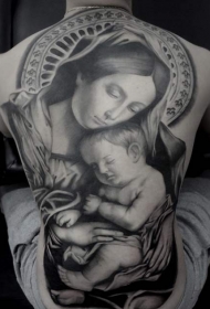 满背惊人的黑白母亲和孩子肖像纹身图案