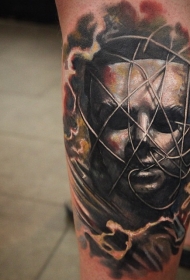 腿部彩色大神秘面具纹身图案
