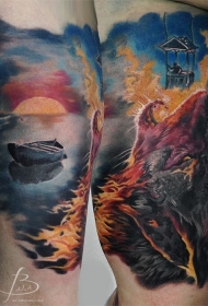 大臂插画风格彩色熊头与海面纹身图案