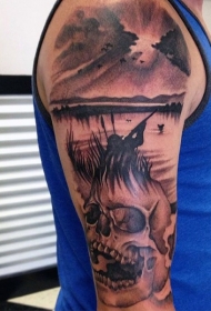 手臂黑灰风格猎人与人类骷髅纹身图案