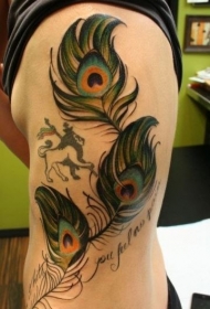 腰侧彩色孔雀羽毛与狮子纹身图片