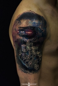 大臂彩色写实现代赛车与发动机纹身图案