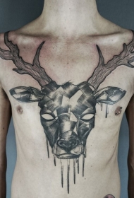胸部雕刻风格黑色鹿头骨纹身图案