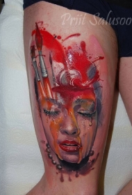 大腿插画风格彩色女生肖像纹身图案