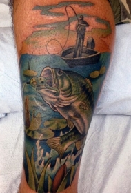 小腿卡通风格彩色鱼上钩纹身图案