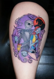 漫画风格彩色僵尸夫妇和幽灵纹身图案