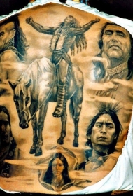 背部巨大的黑白各种印第安人纹身图案