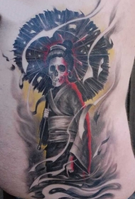 腰侧彩色艺妓骷髅纹身图案