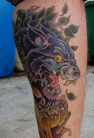 小腿new school彩色邪恶的狗与树叶和鹿纹身图案
