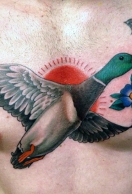 彩色花朵鸭子胸部纹身图案