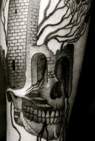 小腿简单的黑色骷髅与城堡植物纹身图案