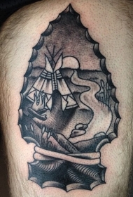 大腿黑色印度房子风景纹身图案