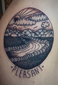 肩部棕色小圆形雕刻山路纹身图片