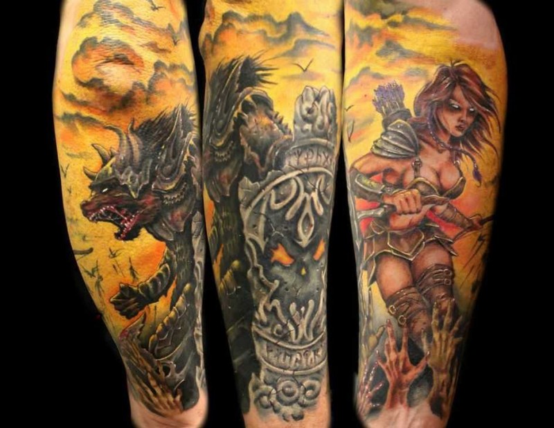 小臂彩色恶魔战士女郎纹身图案