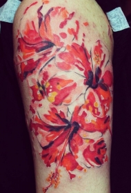 肩部水彩色中国风芙蓉花纹身图案