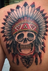 背部简单old school彩绘印度骷髅与羽毛纹身图案