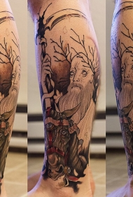 小腿雕刻风格个性幻想男子与马纹身图案