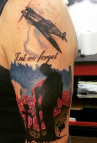 肩部彩色纪念式性军事纹身图案