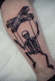小腿卡通风格黑色舞蹈骷髅木偶纹身图案