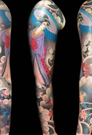 花臂雨伞色艺妓和小鸟花朵纹身图案