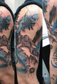 插画风格彩色山滑雪的肩膀上的纹身图案