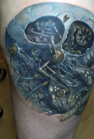大腿写实风格黑色有趣3D机械纹身图案