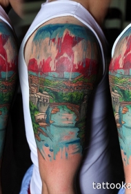 大臂差画风中世纪城市与红星纹身图案
