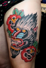 old schoo彩色老狒狒花朵大腿纹身图案