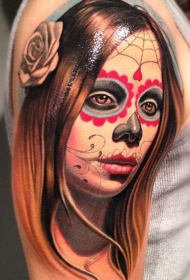 戴玫瑰花的死亡女神纹身图案