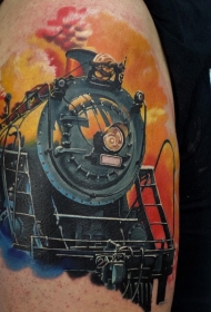 肩部插画风格彩色汽火车纹身图案