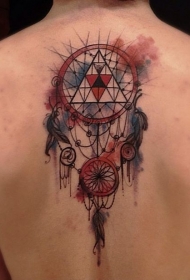 背部插画风格彩色几何捕梦网纹身图案