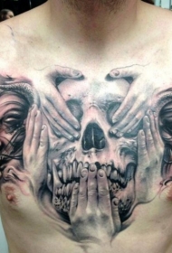 男子胸部手和骷髅创意理念纹身图案