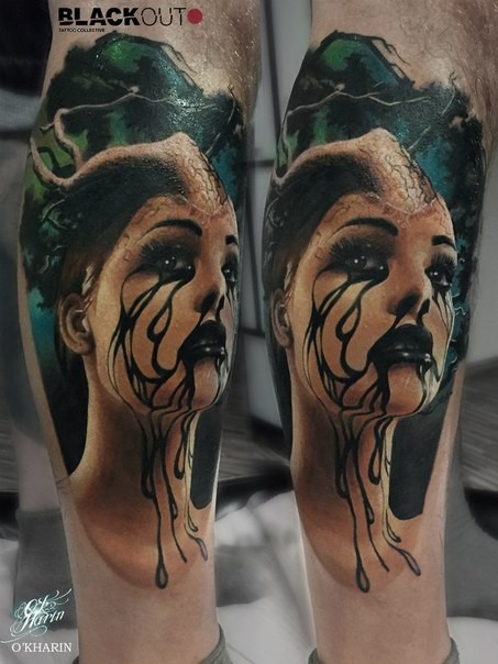 新流派彩色腿部神秘女子纹身图案
