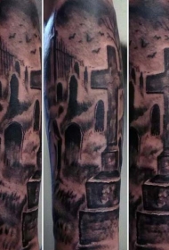 令人毛骨悚然的黑色墓地与十字架纹身图案