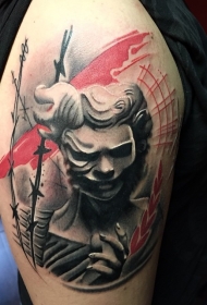 大臂现代风格彩色女人与带刺铁丝网纹身图案