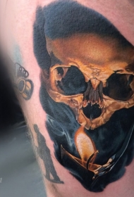 腿部现实主义风格彩色大腿骷髅纹身图片
