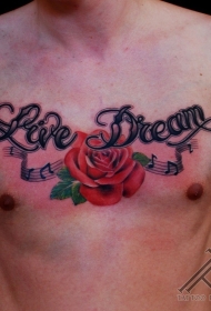 old school胸部彩色玫瑰字母音符纹身图案
